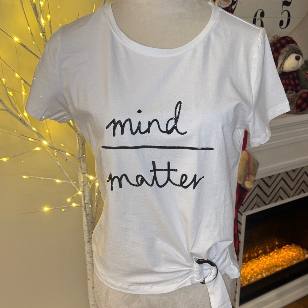Everly White Tee with Black Script and Knot Detail